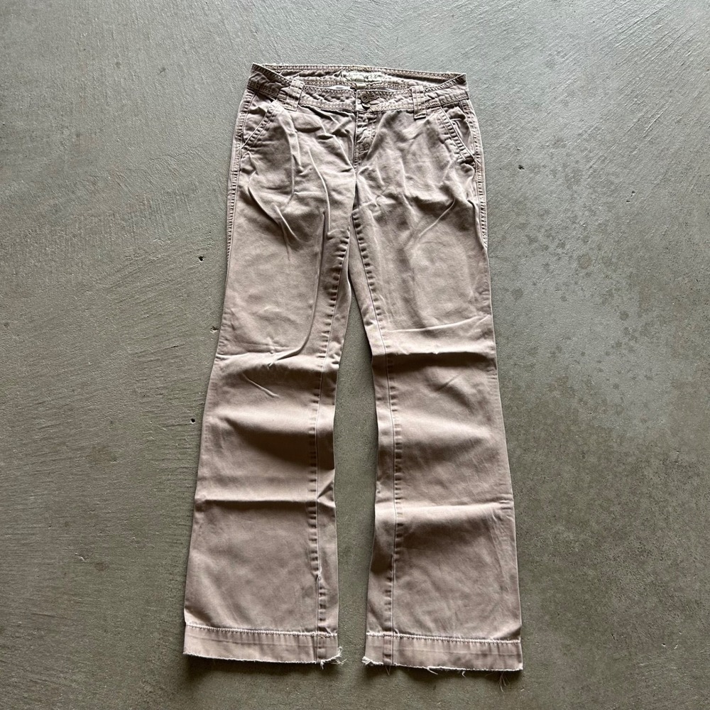 Vintage Aeropostale Flare Pants Womens 3/4 Long Tan Khaki Y2K Low Rise Bootcut